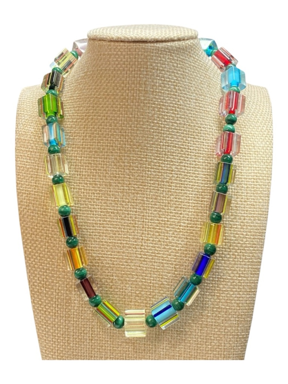 Multicolor Glass Cube & Green Bead Necklace